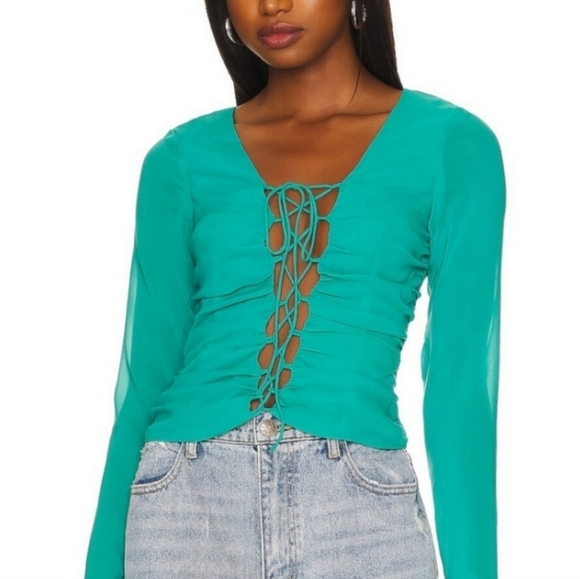 REVOLVE Tops - Superdown Teal Chiffon Lace Up Top XS Sheer Mermaid Ruched Tayla